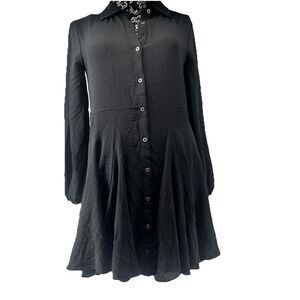 Hem & Thread Shirt Dress Long Sleeve Button Down Fit & Flare‎ Black Pleated  S